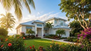 Sunlit modern Florida Gulf Coast home surrounded by palm trees and tropical flowers, representing the aspirational Apollo Beach lifestyle