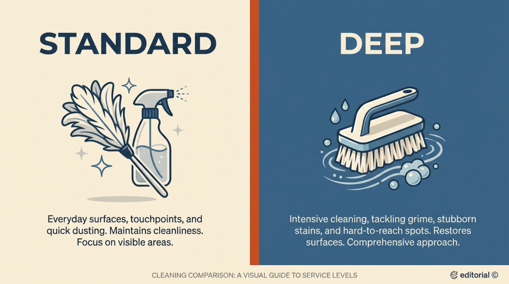 Split-screen editorial infographic contrasting standard everyday cleaning with deep intensive cleaning