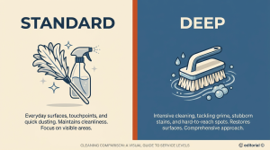 Split-screen editorial infographic contrasting standard everyday cleaning with deep intensive cleaning