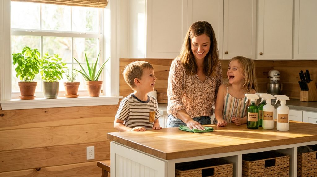 A young Tampa Bay family cleaning together in a bright sunlit kitchen with eco-friendly spray bottles on the counter