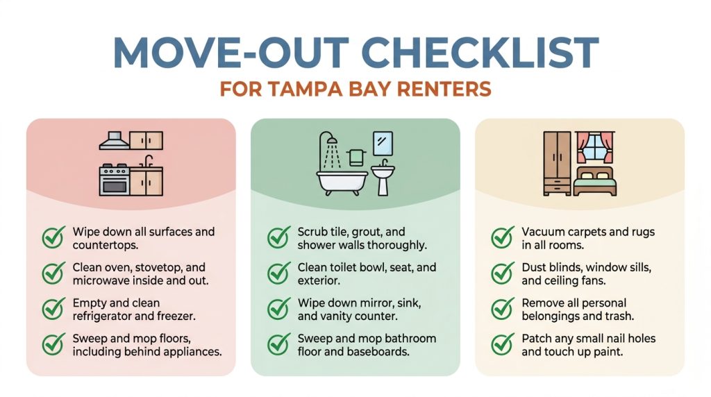 Editorial infographic showing move-out cleaning checklist for kitchen, bathroom, and bedroom areas
