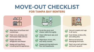 Editorial infographic showing move-out cleaning checklist for kitchen, bathroom, and bedroom areas